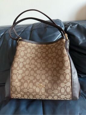 Coach Brown Edie 31 Signature Jacquard Canvas Shoulder Bag with Dark Brown Trim